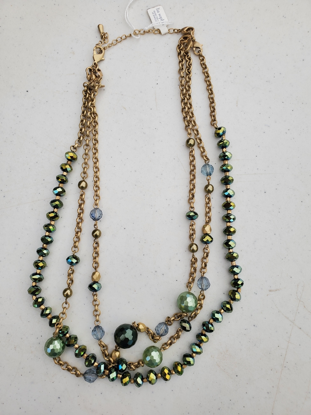 Lia Sophia Gold Multi-Strand Necklace with Green and Blue Beads